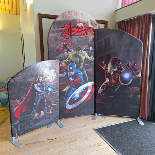 4ft, 6ft & 7ft Sail Backdrops & Plinth Package Superhero Themed