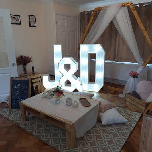 1 x Rustic Picnic Tables, 8 x Cushions, 1 x Rug, Rustic Hexagon & 4ft Letters Initials (eg J & D)