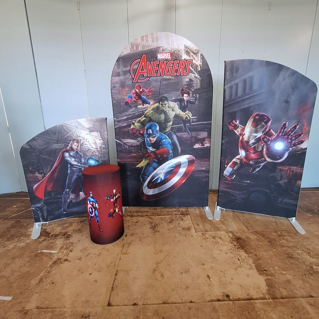 4ft, 6ft & 7ft Sail Backdrops & Plinth Package Superhero Themed