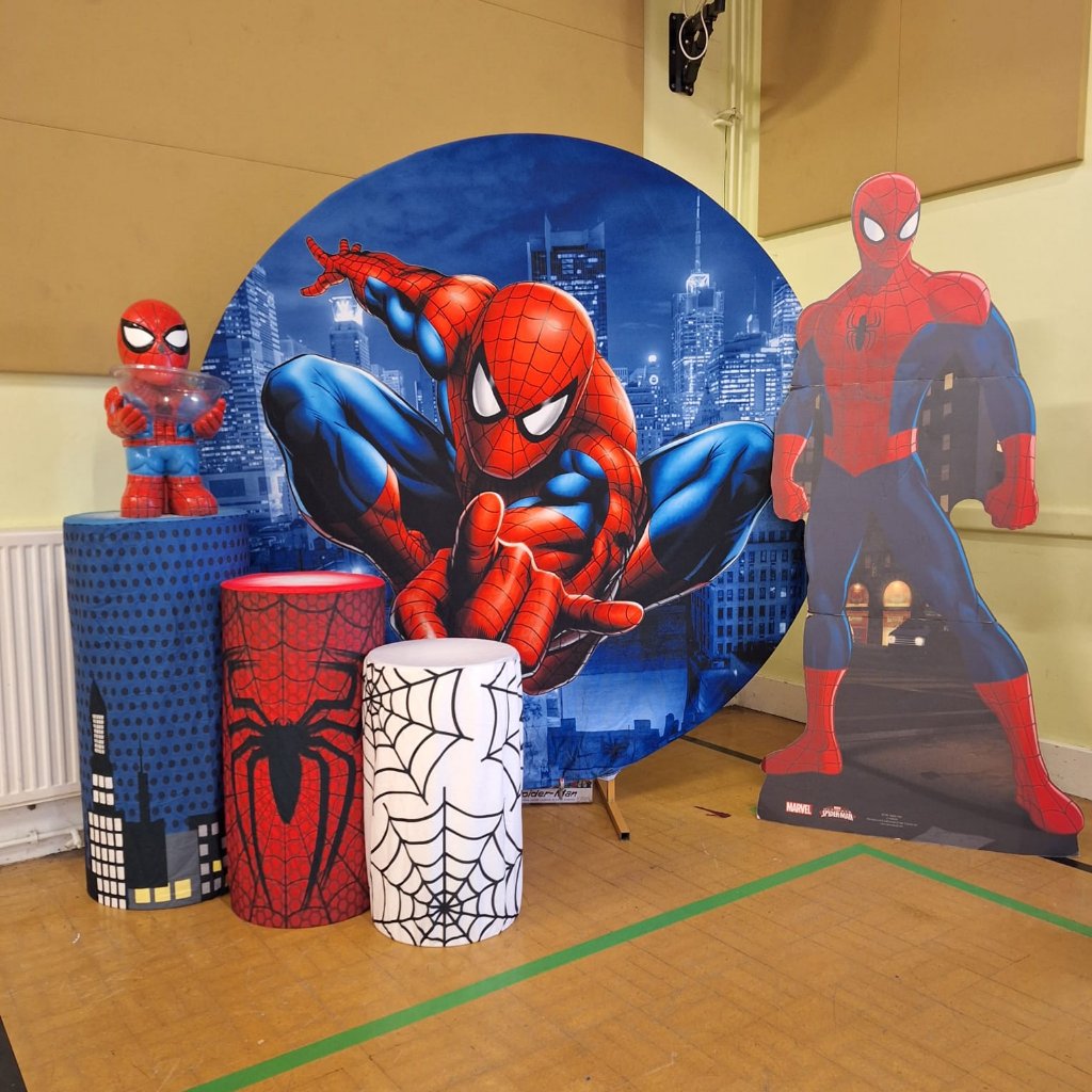6ft Round Spider Man Backdrop Hoop, 3 x Spider Man Plinths, Spider Man Bowl Holder & Spider Man Lifesize Cutout