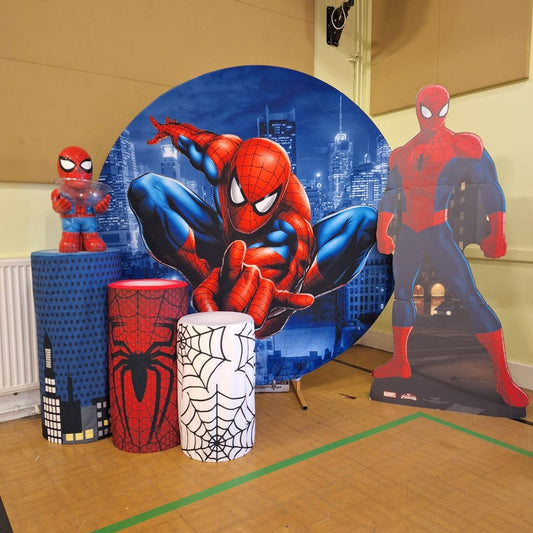 6ft Round Spider Man Backdrop Hoop, 3 x Spider Man Plinths, Spider Man Bowl Holder & Spider Man Lifesize Cutout