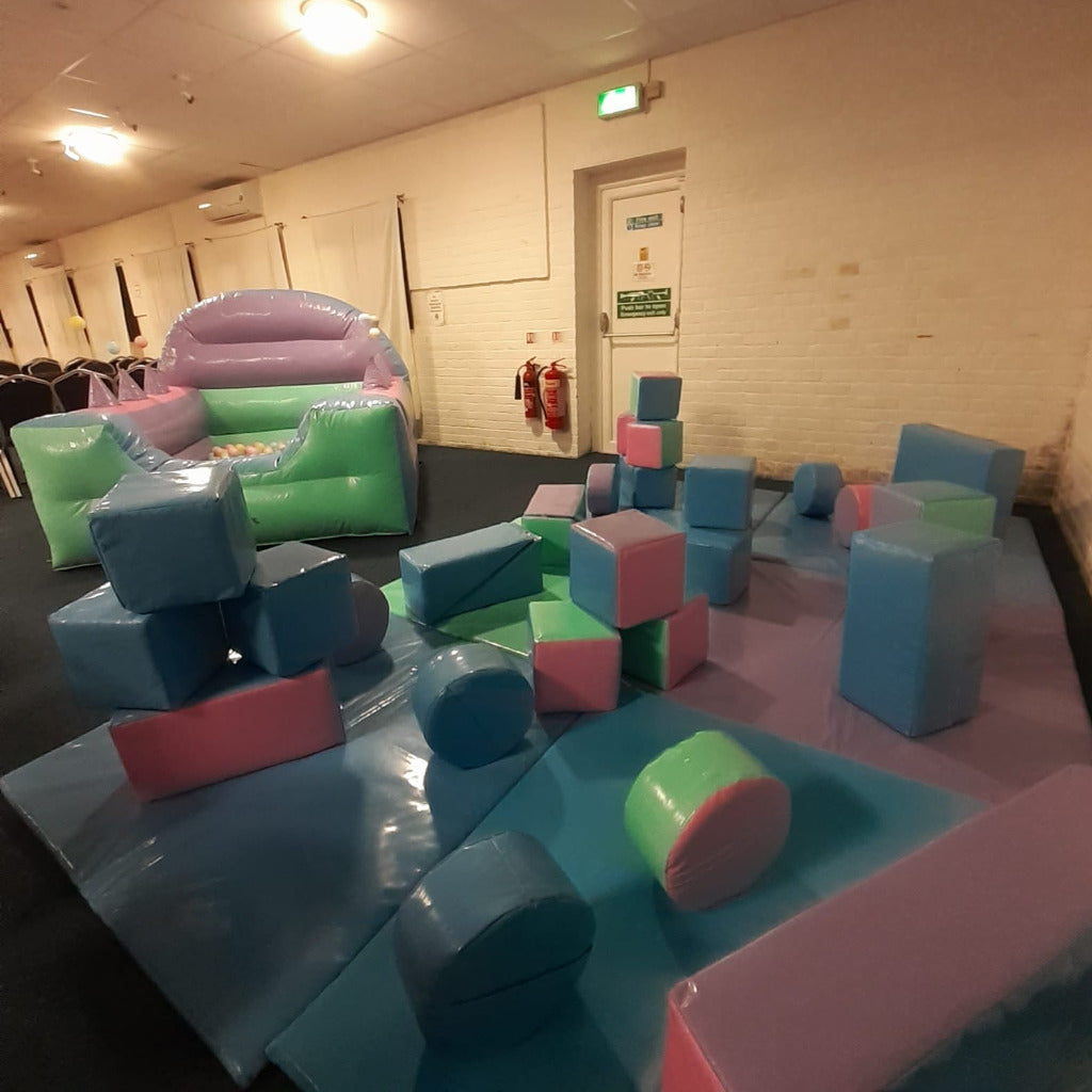 Multicoloured Pastel Inflatable Ball Pool Air Juggler & Multicoloured Pastel Soft Play Shapes
