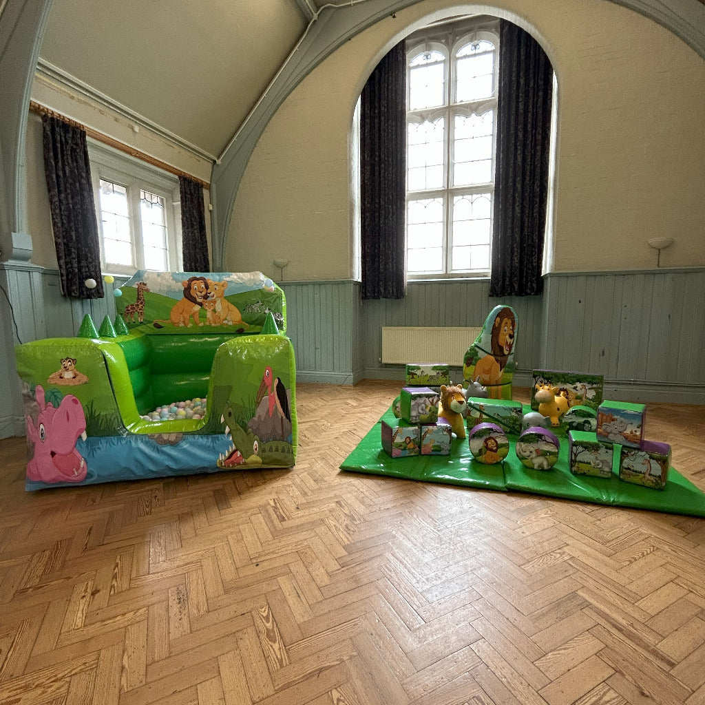 Jungle Inflatable Ball Pool Air Juggler & Soft Play Shapes, Stackable & 4x Animal Hoppers Package