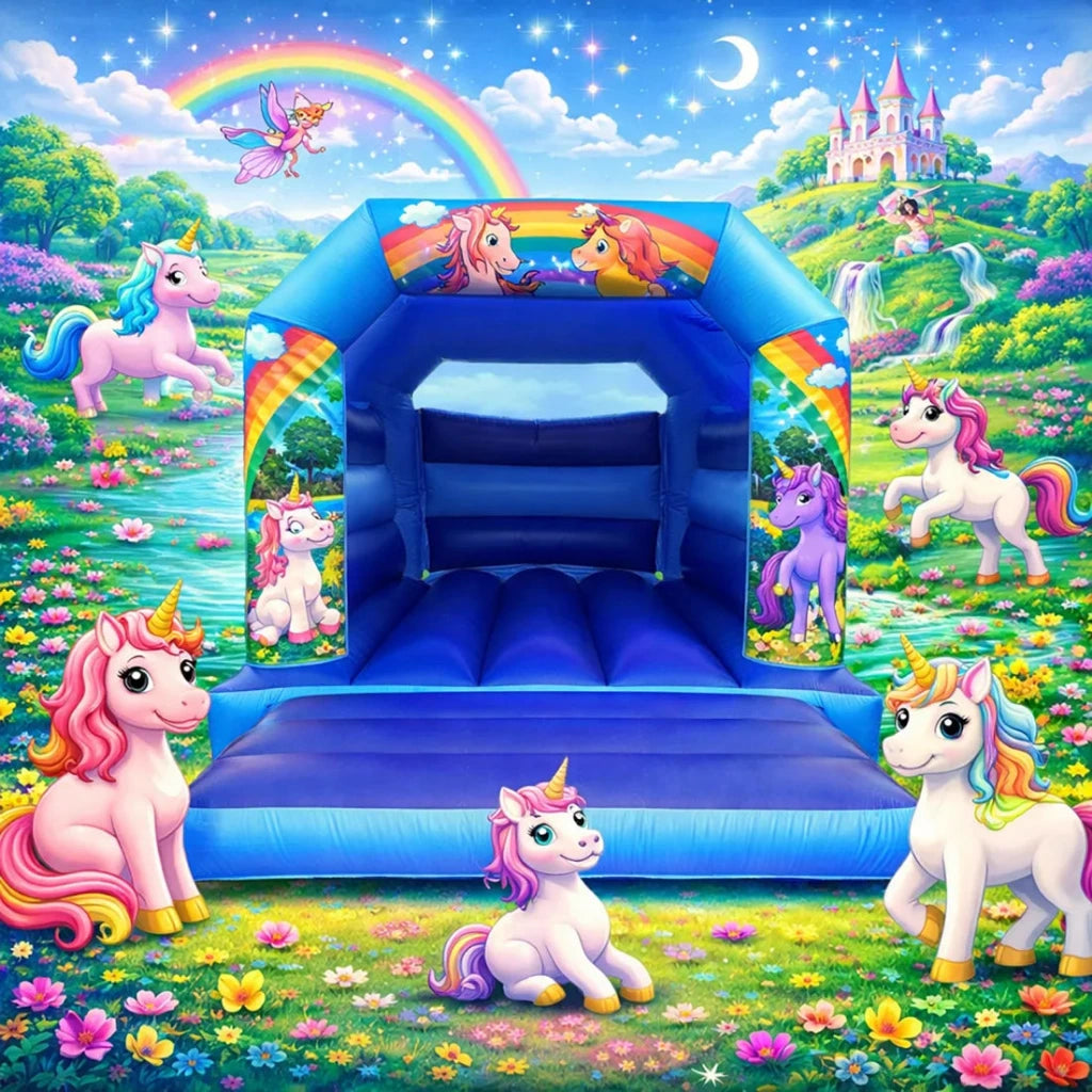 Unicorn Themed Bouncy Castle Blue