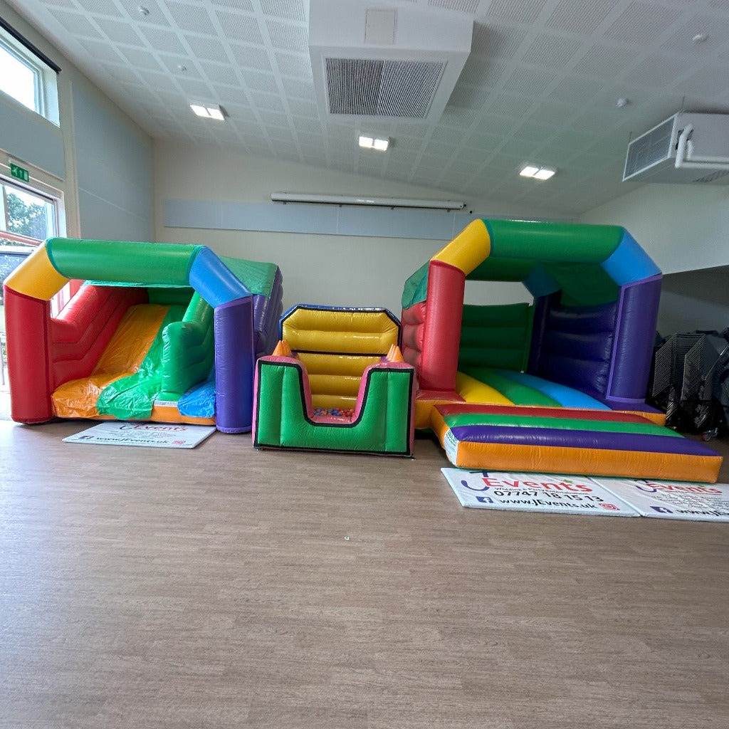 Multicoloured Rainbow Junior Platform Inflatable Slide, Multicoloured Rainbow Bouncy Castle & Multicoloured Ball Pool