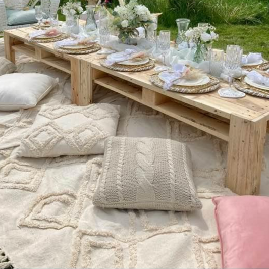 2 x Rustic Picnic Tables, 8 x Cushions & 1 x Rug