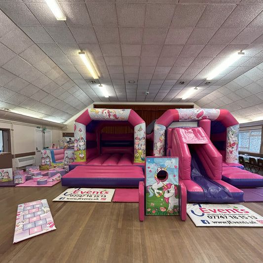 Unicorn Bouncy Castle, Unicorn Bounce 'n' Slide Bouncy Castle, Ball Pool, Soft Play, Face In The Hole, Hopscotch & Snakes & Ladders Package