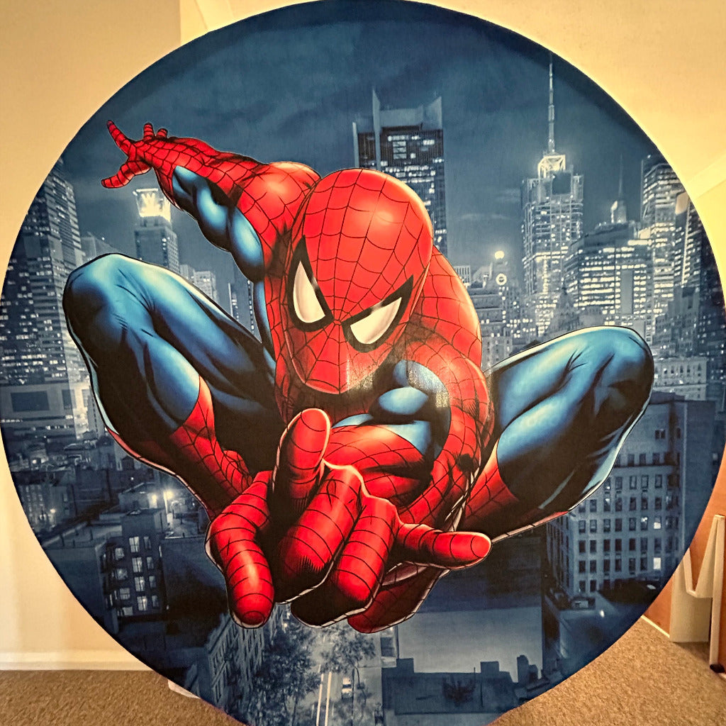 6ft Round Spider Man Backdrop Hoop, 3 x Spider Man Plinths, Spider Man Bowl Holder & Spider Man Lifesize Cutout
