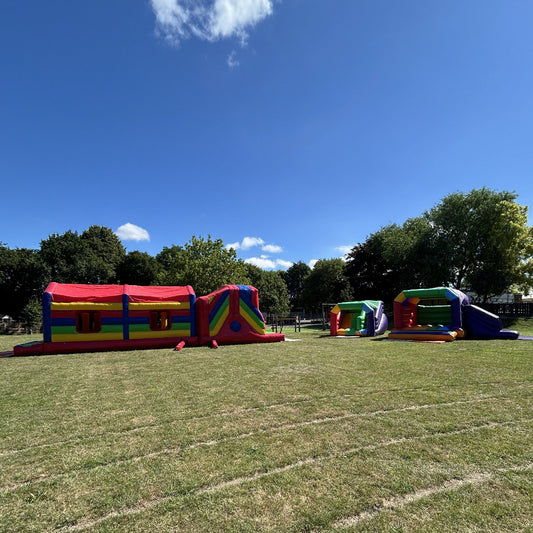 Assault Course 46ft Multicoloured Inflatable Obstacle Course, Multicoloured Rainbow Junior Platform Inflatable Slide & Multicoloured Rainbow Bounce n Slide