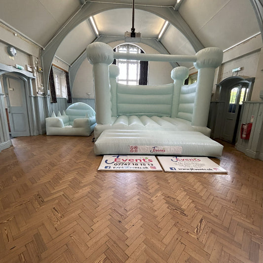 Pastel Light Mint Green / Ice Blue Bouncy Castle & Pastel Light Mint Green / Ice Blue Ball Pool & White Soft Play Shapes