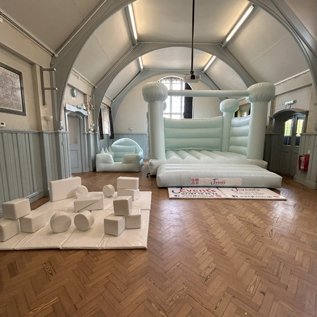 Pastel Light Mint Green / Ice Blue Bouncy Castle & Pastel Light Mint Green / Ice Blue Ball Pool & White Soft Play Shapes