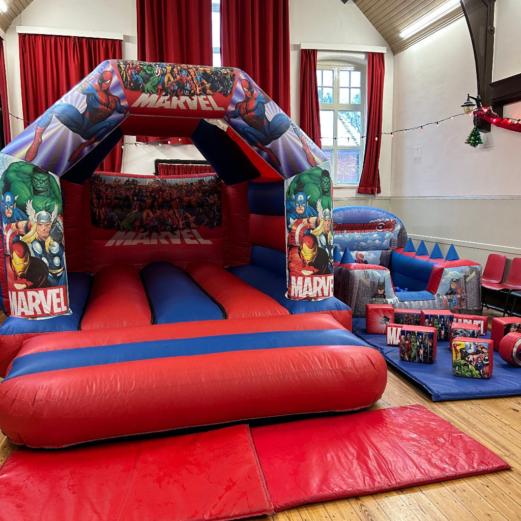 Superhero Bouncy Castle, Ball Pool, Soft Play, 3x Animal Hoppers, 3x Didi Carts & 3x Walk ‘n’ Ride Package