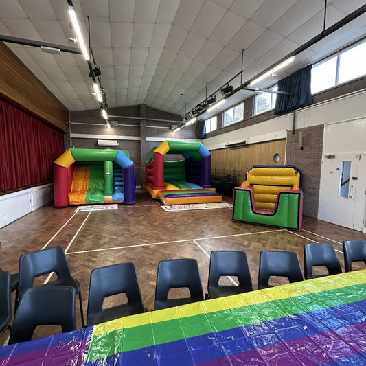 Multicoloured Rainbow Junior Platform Inflatable Slide, Multicoloured Rainbow Bouncy Castle & Multicoloured Ball Pool