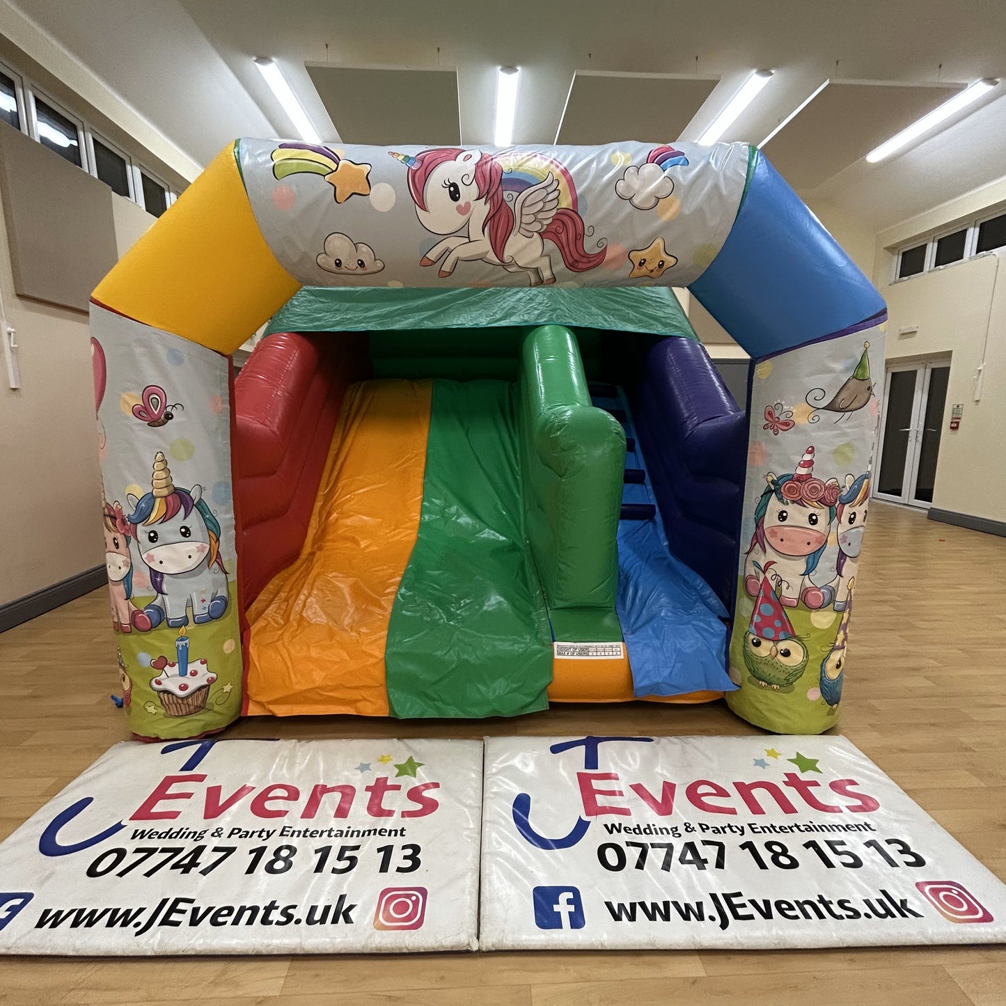 Multicoloured Rainbow Unicorn Junior Platform Inflatable Slide