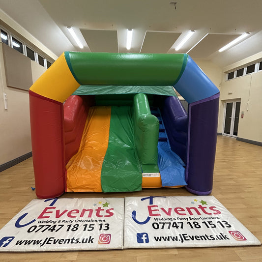 Multicoloured Rainbow Junior Platform Inflatable Slide, Multicoloured Rainbow Bouncy Castle, Multicoloured Ball Pool & Soft Play Shapes
