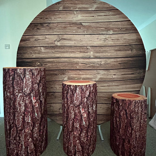 6ft Round Wooden Rustic Backdrop & 3 x Wooden Plinths or White Plinths