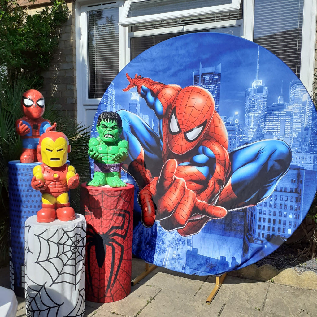 6ft Round Spider Man Backdrop Hoop, 3 x Spider Man Plinths, Spider Man Bowl Holder & Spider Man Lifesize Cutout