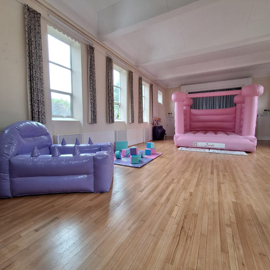 Pastel Pink Bouncy Castle, Pastel Lilac Ball Pool & Pastel Mixed Soft Play Shapes