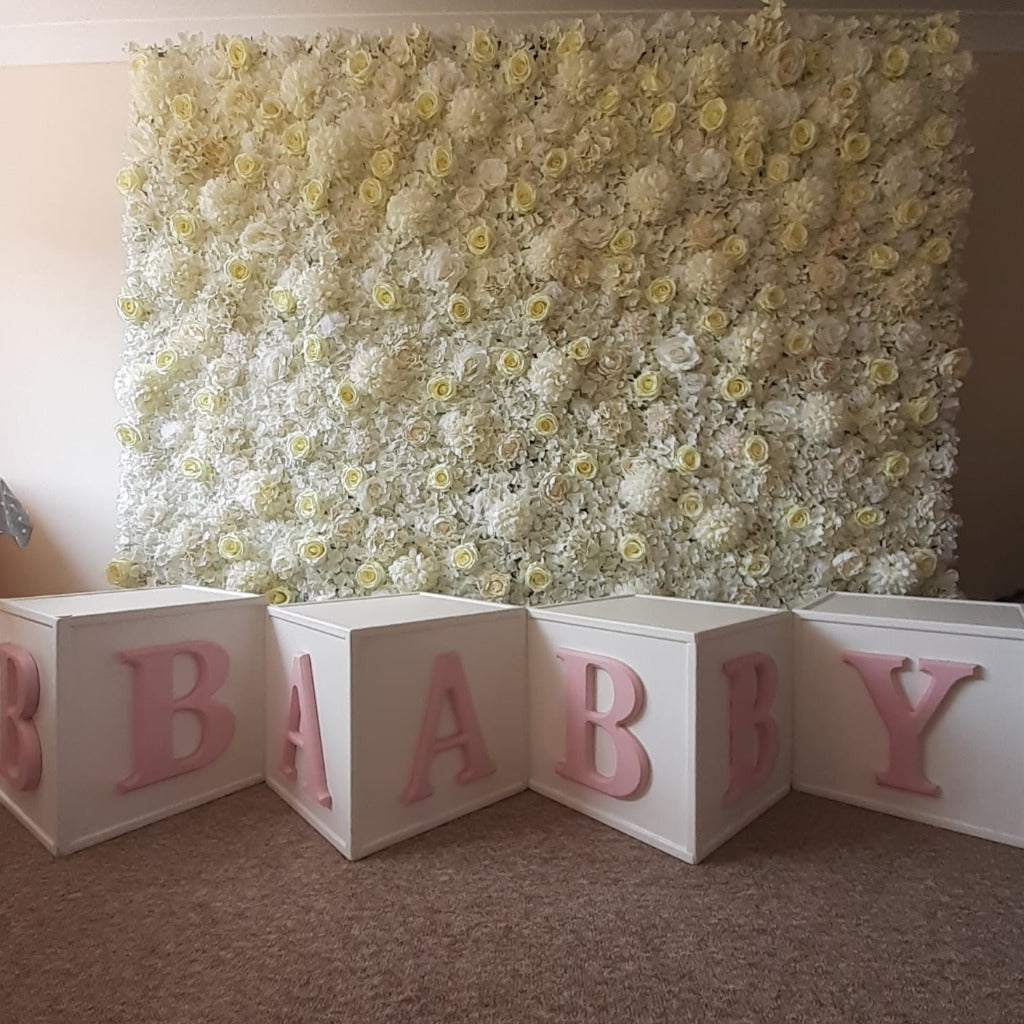 White & Cream Silk Flower Wall & Wooden BABY Blocks