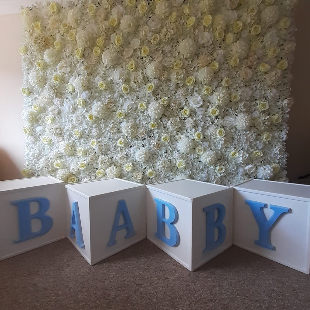 White & Cream Silk Flower Wall & Wooden BABY Blocks