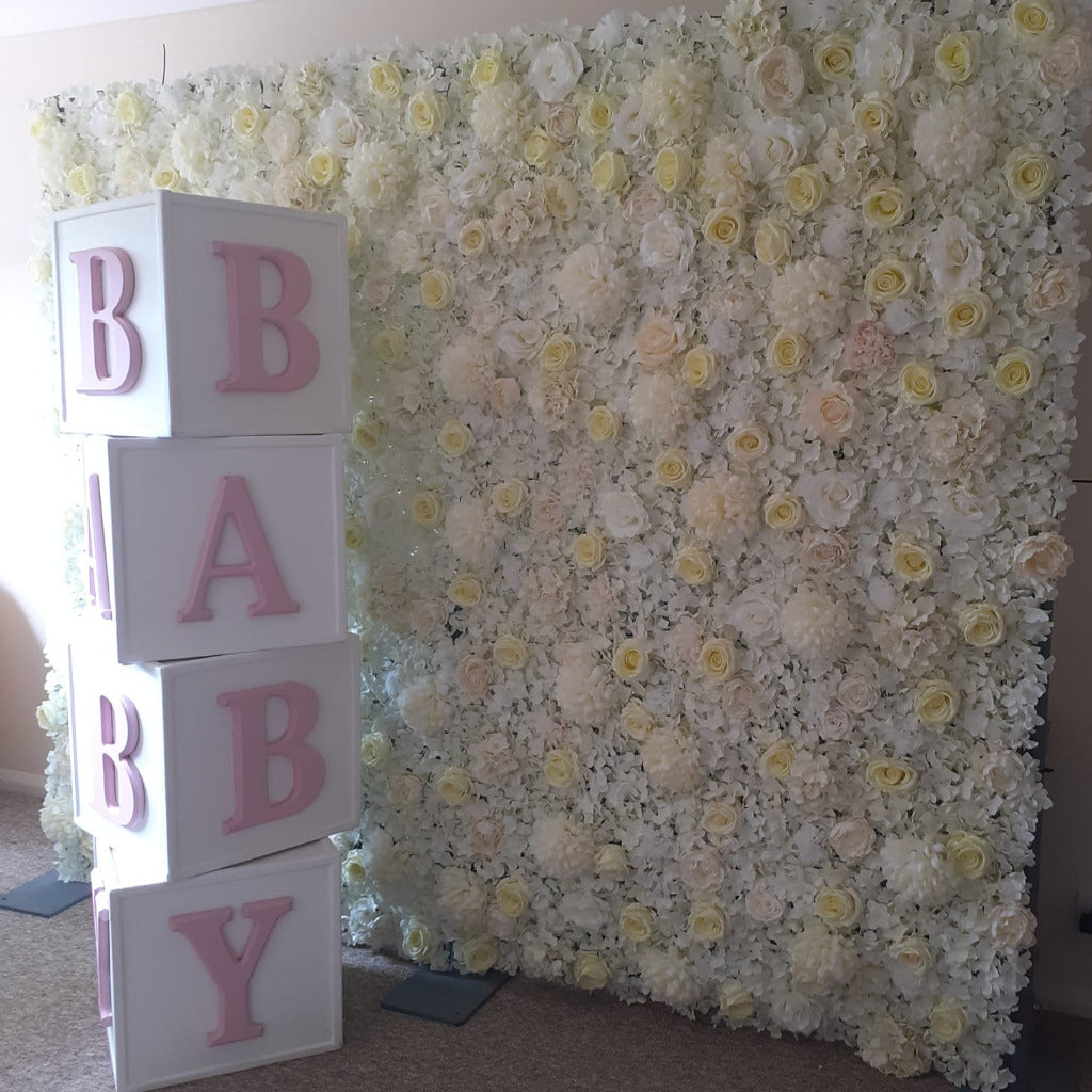 White & Cream Silk Flower Wall & Wooden BABY Blocks