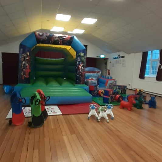 Superhero Blue & Green Bouncy Castle, Ball Pool & Soft Play Package