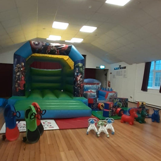 Superhero Bouncy Castle, Ball Pool, Soft Play, 3x Animal Hoppers, 3x Didi Carts & 3x Walk ‘n’ Ride Package