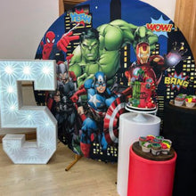 Load image into Gallery viewer, 6ft Round Backdrop Hoop (Any theme), 4ft LEd Light Up Number &amp; 3 x Plinths Package
