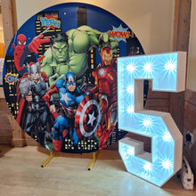 Load image into Gallery viewer, 6ft Round Backdrop Hoop (Any theme), 4ft LEd Light Up Number &amp; Plinth Package
