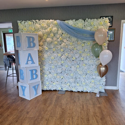 White & Cream Silk Flower Wall & Wooden BABY Blocks