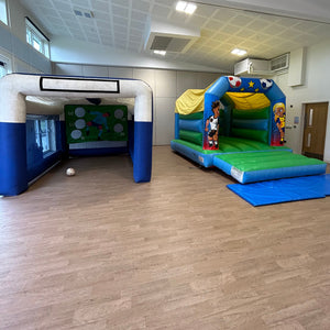 Football Blue & Green Bouncy Castle & Shoot 'n' Score Penalty Shoot-Out Inflatable Package