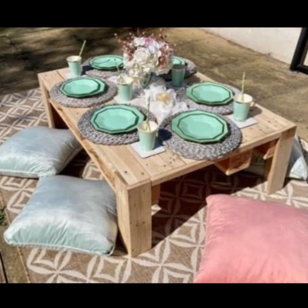 1 x Rustic Picnic Tables, 8 x Cushions, 1 x Rug, Rustic Hexagon & 4ft Letters Initials (eg J & D)