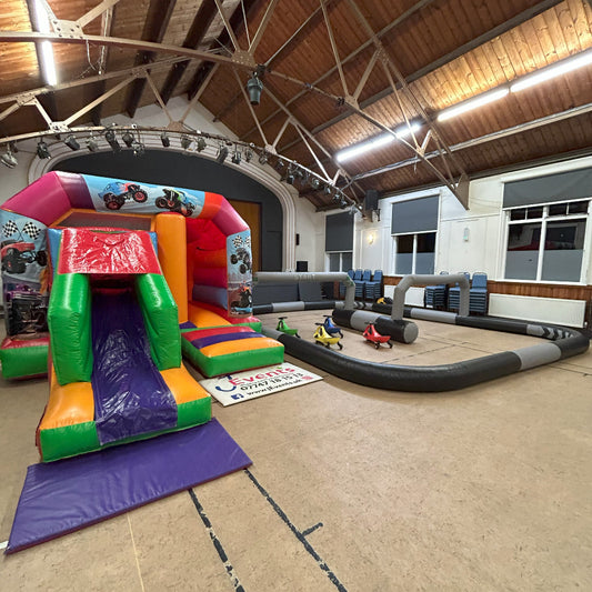 Bounce n Slide & 4x Didi Cars / Walk 'n' Rides / Animal Hoppers (with inflatable track)
