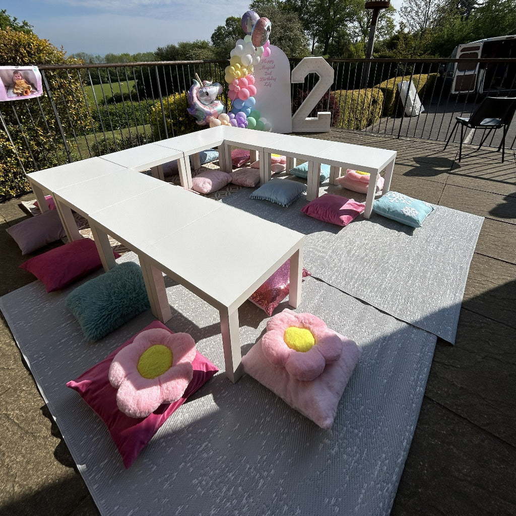 10 x Children Tables, 20 x Cushions & 3 x Rugs
