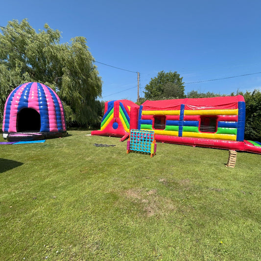 Assault Course 46ft Multicoloured Inflatable Obstacle Course & Disco Dome Bouncy Castle Package