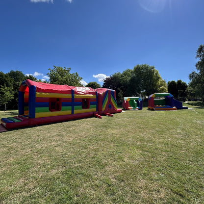 Assault Course 46ft Multicoloured Inflatable Obstacle Course, Multicoloured Rainbow Junior Platform Inflatable Slide & Multicoloured Rainbow Bounce n Slide