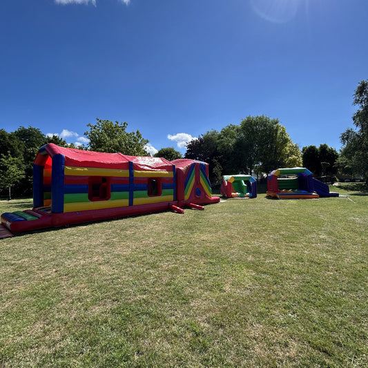 Assault Course 46ft Multicoloured Inflatable Obstacle Course, Multicoloured Rainbow Junior Platform Inflatable Slide & Multicoloured Rainbow Bounce n Slide