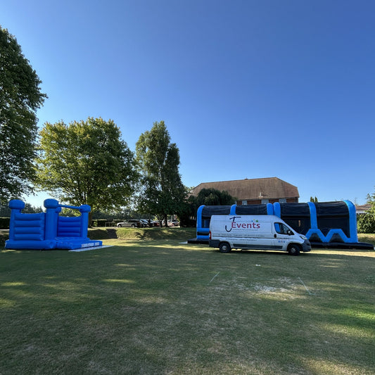 Rainbow Multicoloured Bouncy Castle & Assault Course 50ft Blue & Black Inflatable Obstacle Course
