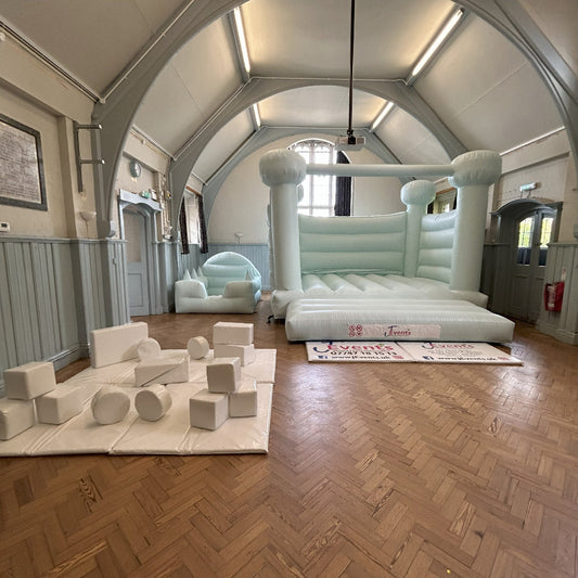 Pastel Light Mint Green / Ice Blue Bouncy Castle & Pastel Light Mint Green / Ice Blue Ball Pool & White Soft Play Shapes