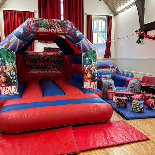Superhero Red & Blue Bouncy Castle, Ball Pool & Soft Play Package