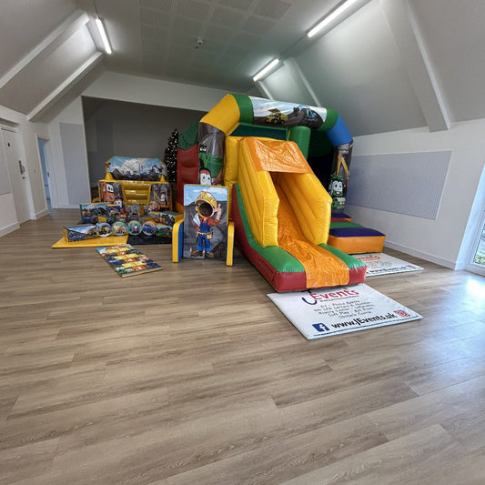 Rainbow Bounce 'n' Slide, Ball Pool, Soft Play Shapes, Face In The Hole & Hopscotch Construction Cartoon Themed Package