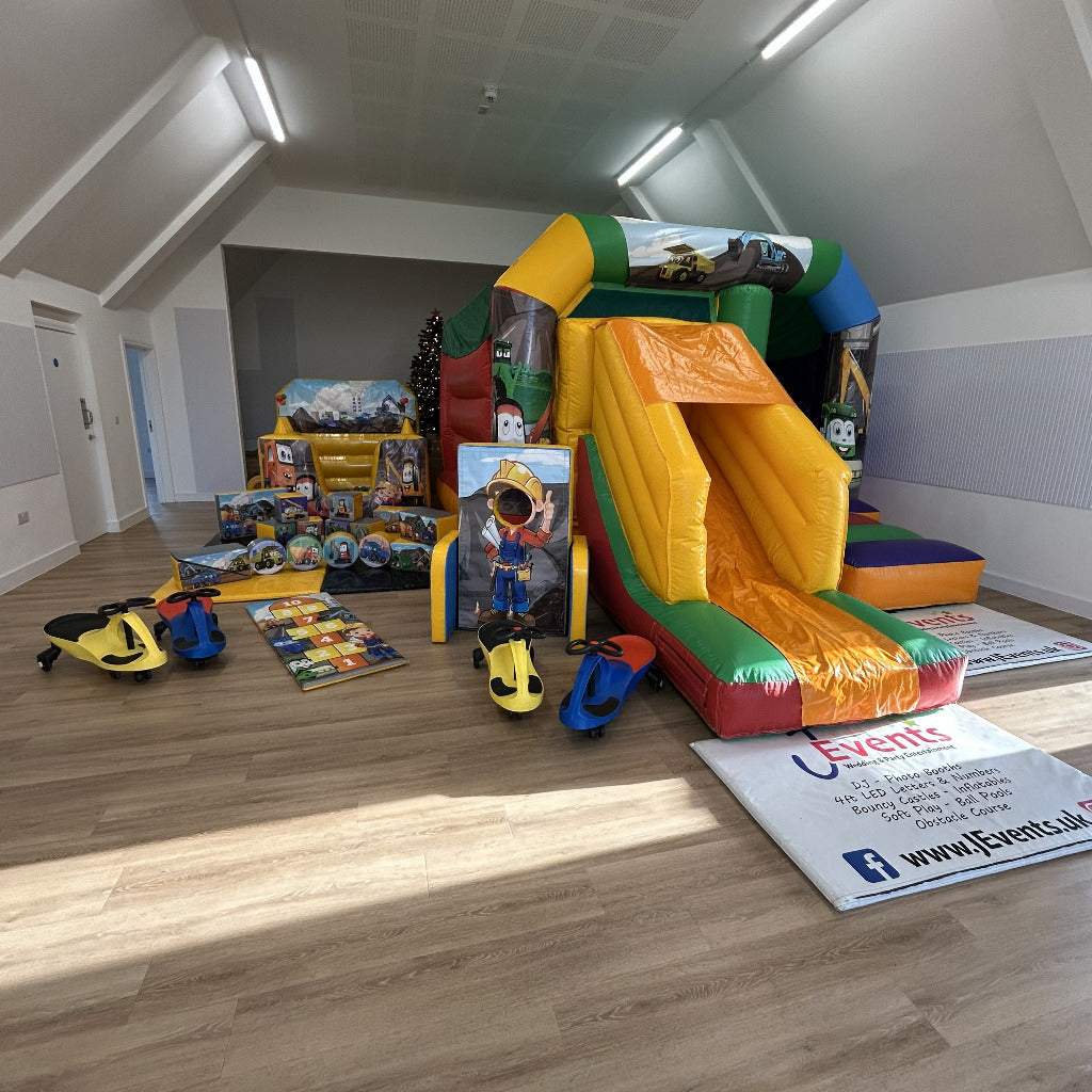 Rainbow Bounce 'n' Slide, Ball Pool, Soft Play Shapes, Face In The Hole, Hopscotch & 4x Didi Cars Construction Cartoon Themed Package