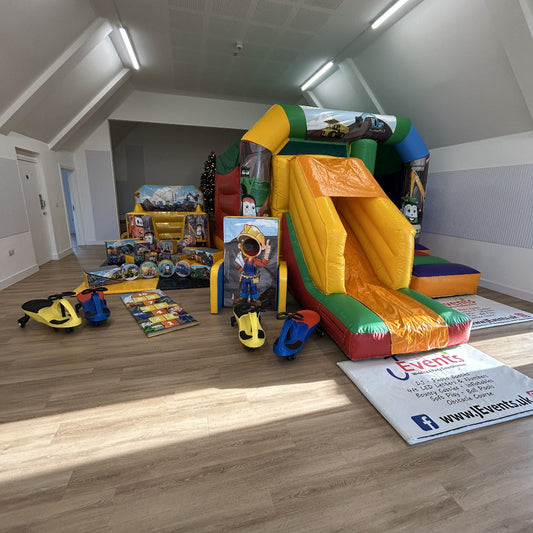 Rainbow Bounce 'n' Slide, Ball Pool, Soft Play Shapes, Face In The Hole, Hopscotch & 4x Didi Cars Construction Cartoon Themed Package