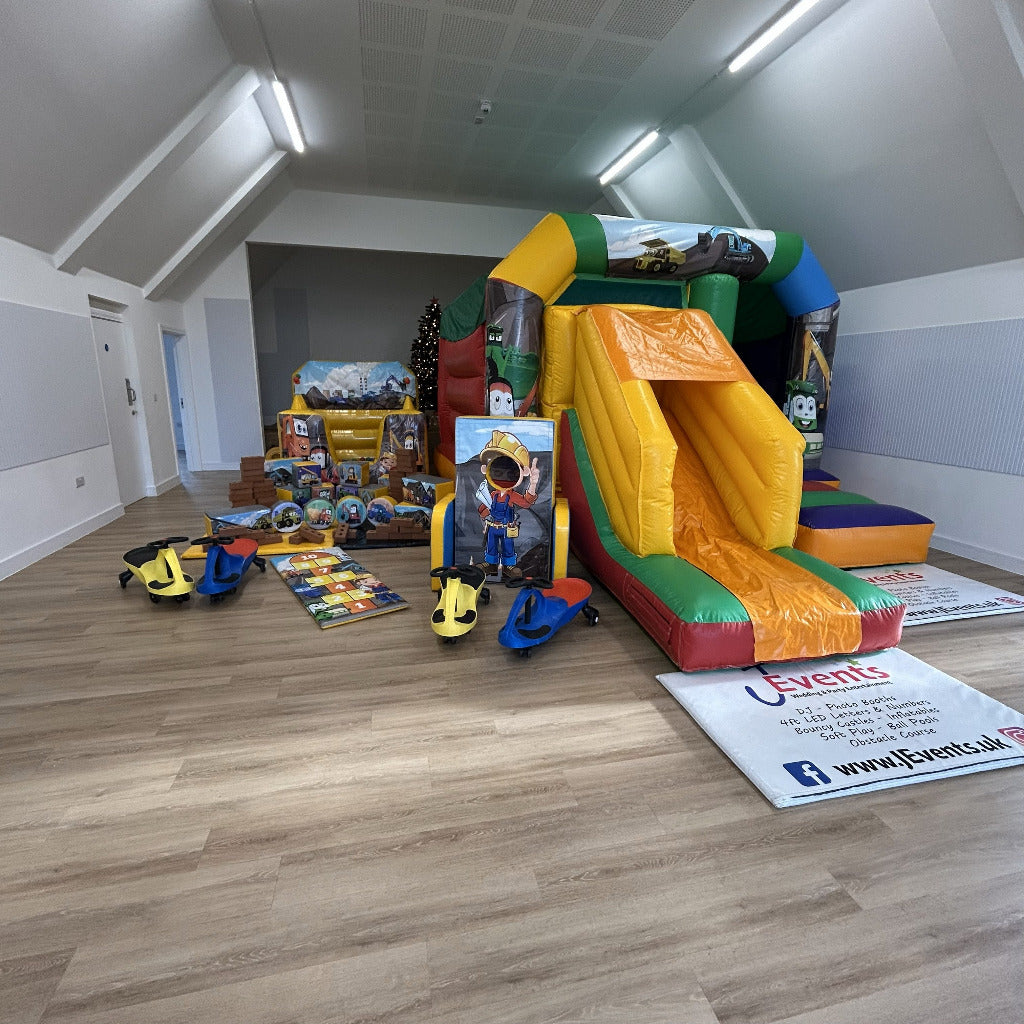 Rainbow Bounce 'n' Slide, Ball Pool, Soft Play Shapes, Face In The Hole, Hopscotch, Soft Bricks & 4x Didi Cars Construction Cartoon Themed Package