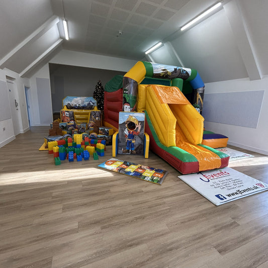 Rainbow Bounce 'n' Slide, Ball Pool, Soft Play Shapes, Face In The Hole, Hopscotch, Soft Bricks, Lego Blocks & 4x Didi Cars Construction Cartoon Themed Package