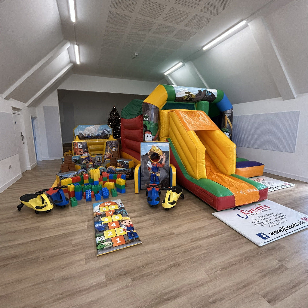 Rainbow Bounce 'n' Slide, Ball Pool, Soft Play Shapes, Face In The Hole, Hopscotch, Soft Bricks, Lego Blocks & 4x Didi Cars Construction Cartoon Themed Package