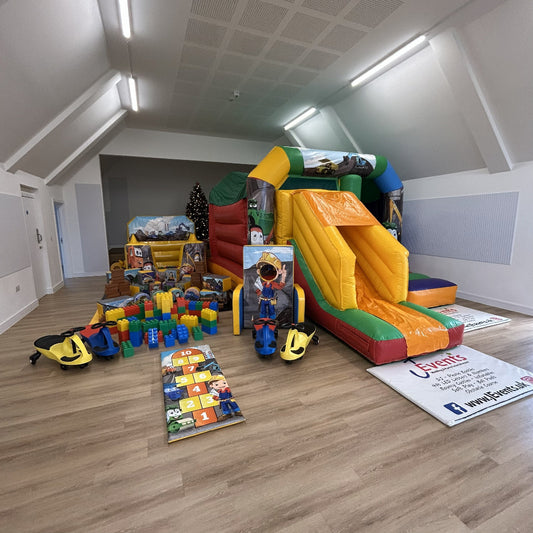 Rainbow Bounce 'n' Slide, Ball Pool, Soft Play Shapes, Face In The Hole, Hopscotch, Soft Bricks, Lego Blocks & 4x Didi Cars Construction Cartoon Themed Package