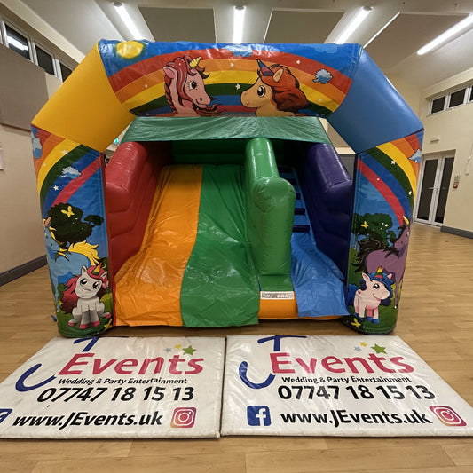 Multicoloured Rainbow Junior Platform Inflatable Slide Unicorn
