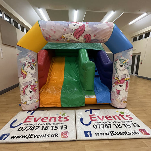 Multicoloured Rainbow Junior Platform Inflatable Slide Cute Unicorn