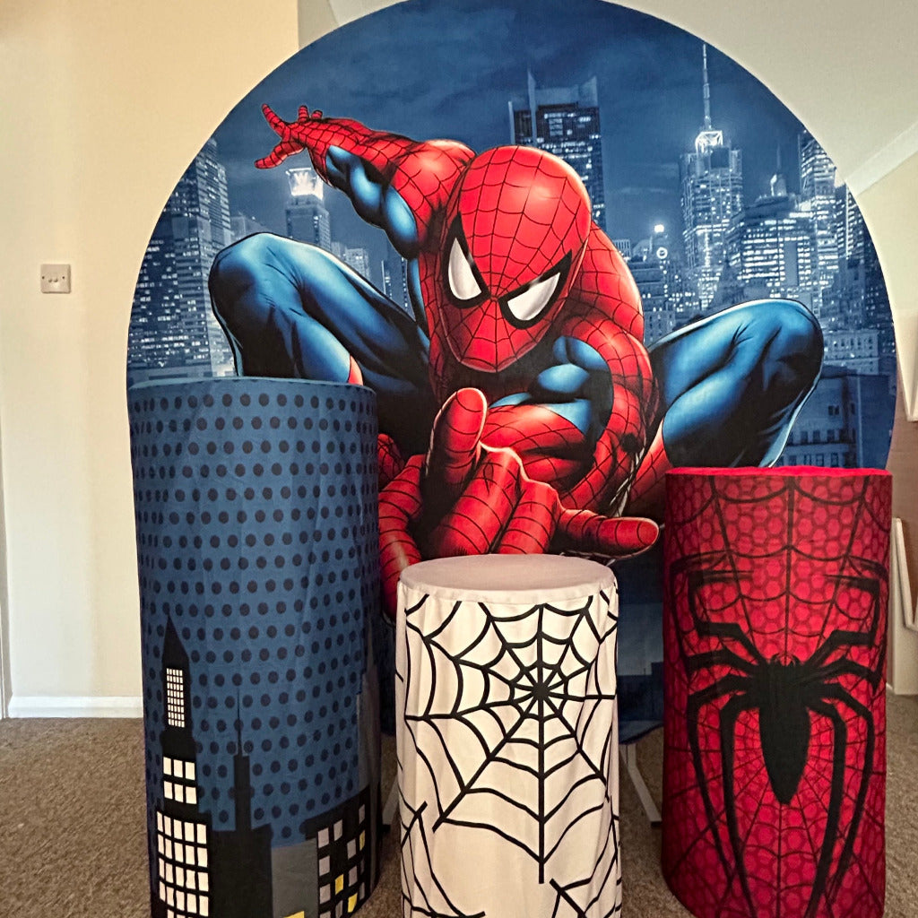 6ft Round Spider Man Backdrop Hoop, 3 x Spider Man Plinths & 4ft Light Up Number